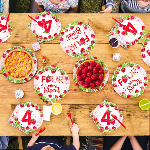 96 Pcs Strawberry 4th Birthday Party Plates and Napkins - Grencian