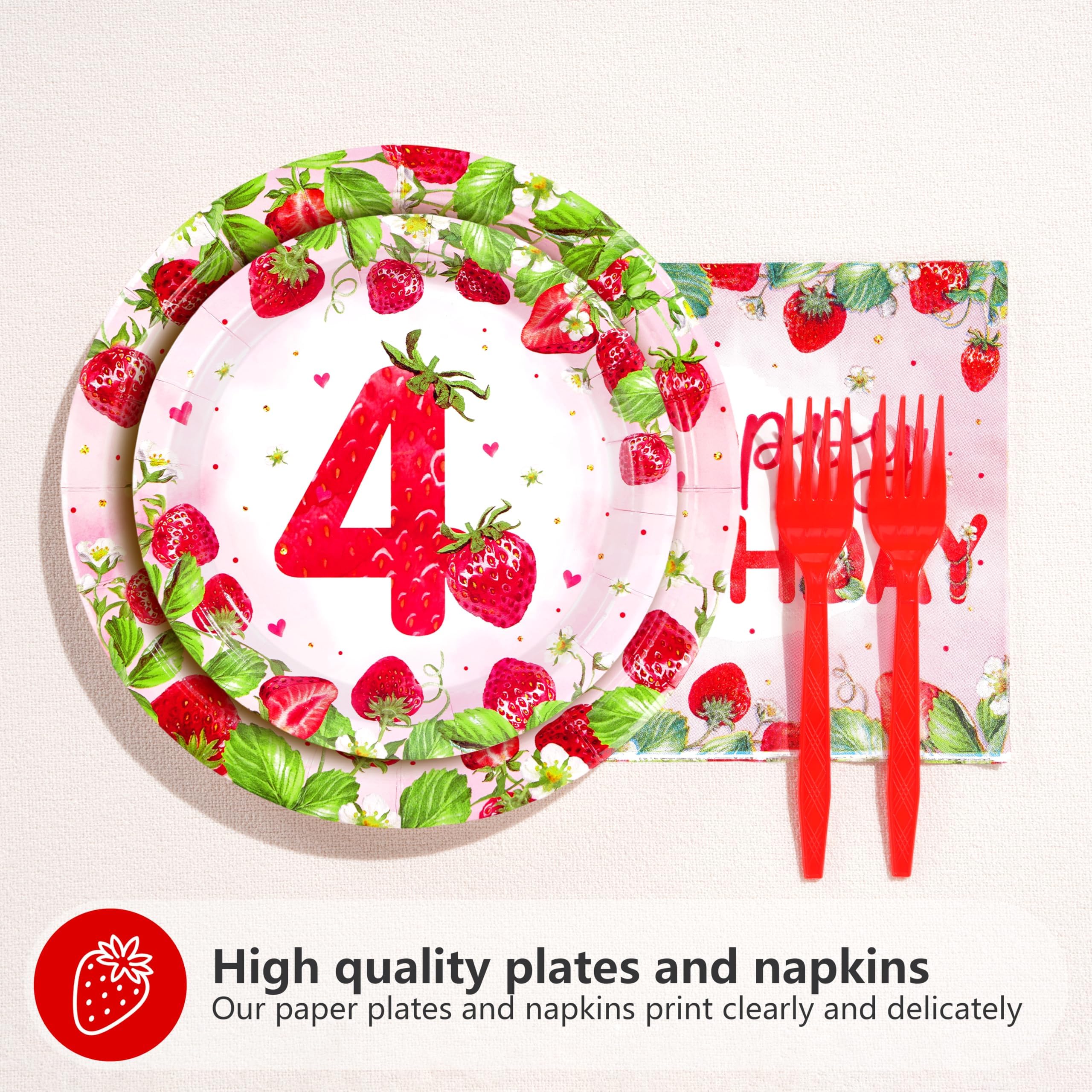 96 Pcs Strawberry 4th Birthday Party Plates and Napkins - Grencian