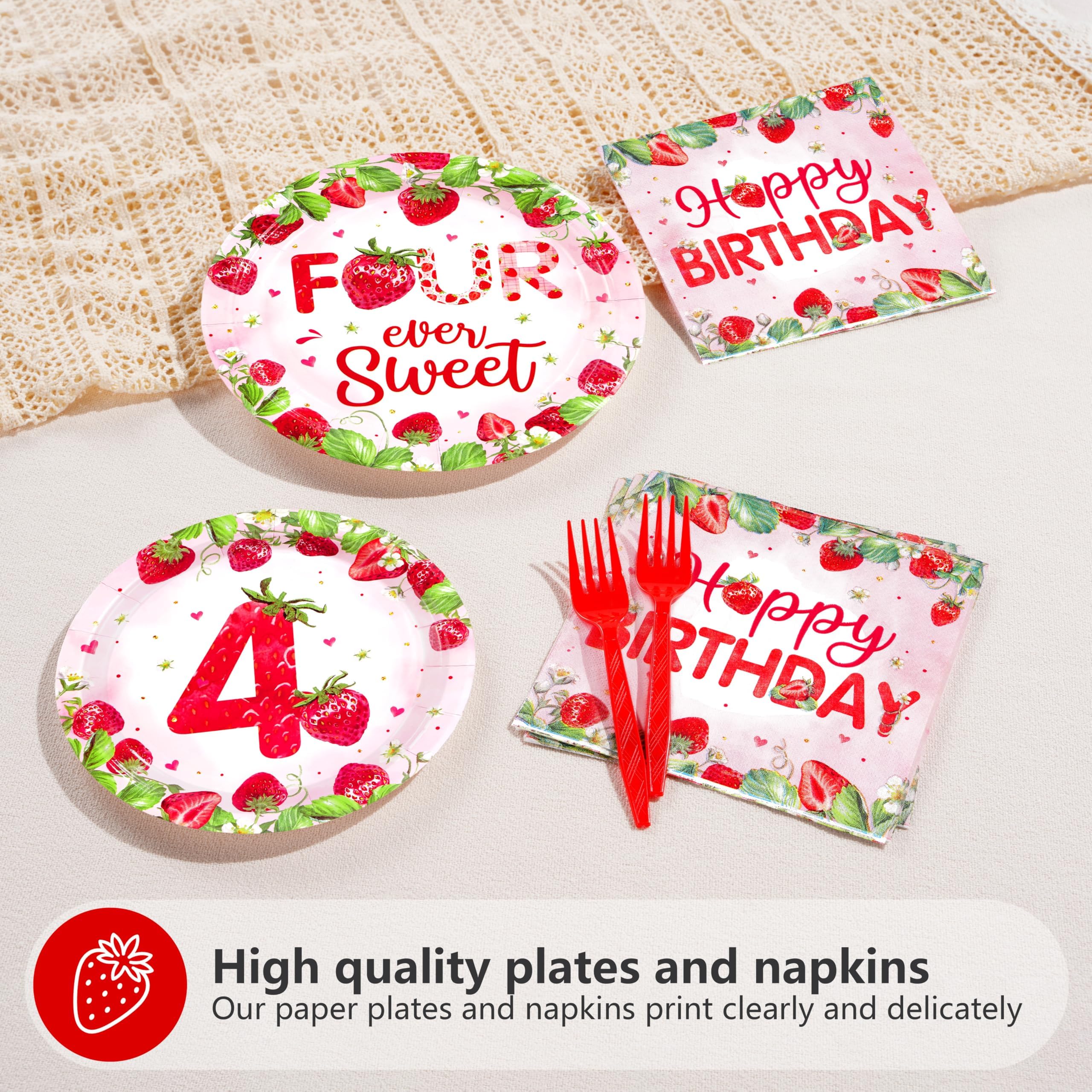 96 Pcs Strawberry 4th Birthday Party Plates and Napkins - Grencian