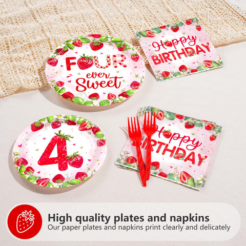 96 Pcs Strawberry 4th Birthday Party Plates and Napkins - Grencian