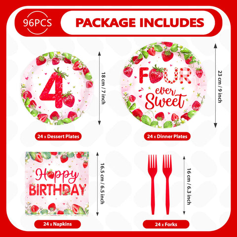 96 Pcs Strawberry 4th Birthday Party Plates and Napkins - Grencian