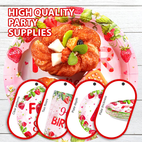 96 Pcs Strawberry 4th Birthday Party Plates and Napkins - Grencian