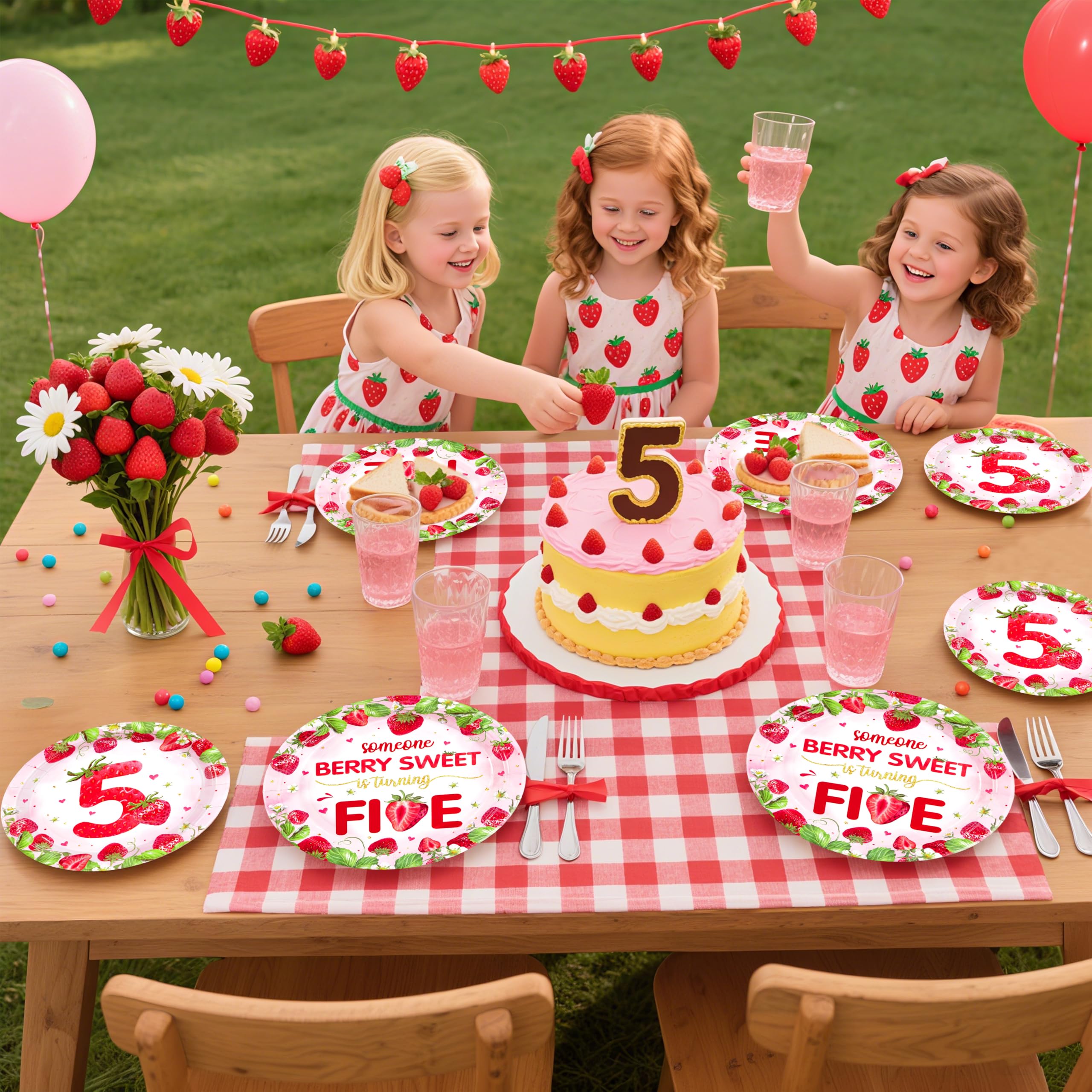 96 Pcs Strawberry 5th Birthday Party Plates and Napkins - Grencian