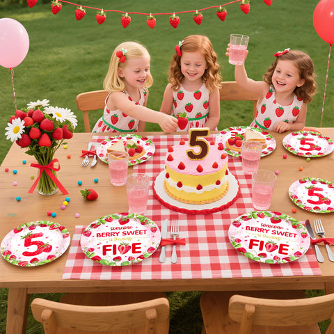 96 Pcs Strawberry 5th Birthday Party Plates and Napkins - Grencian