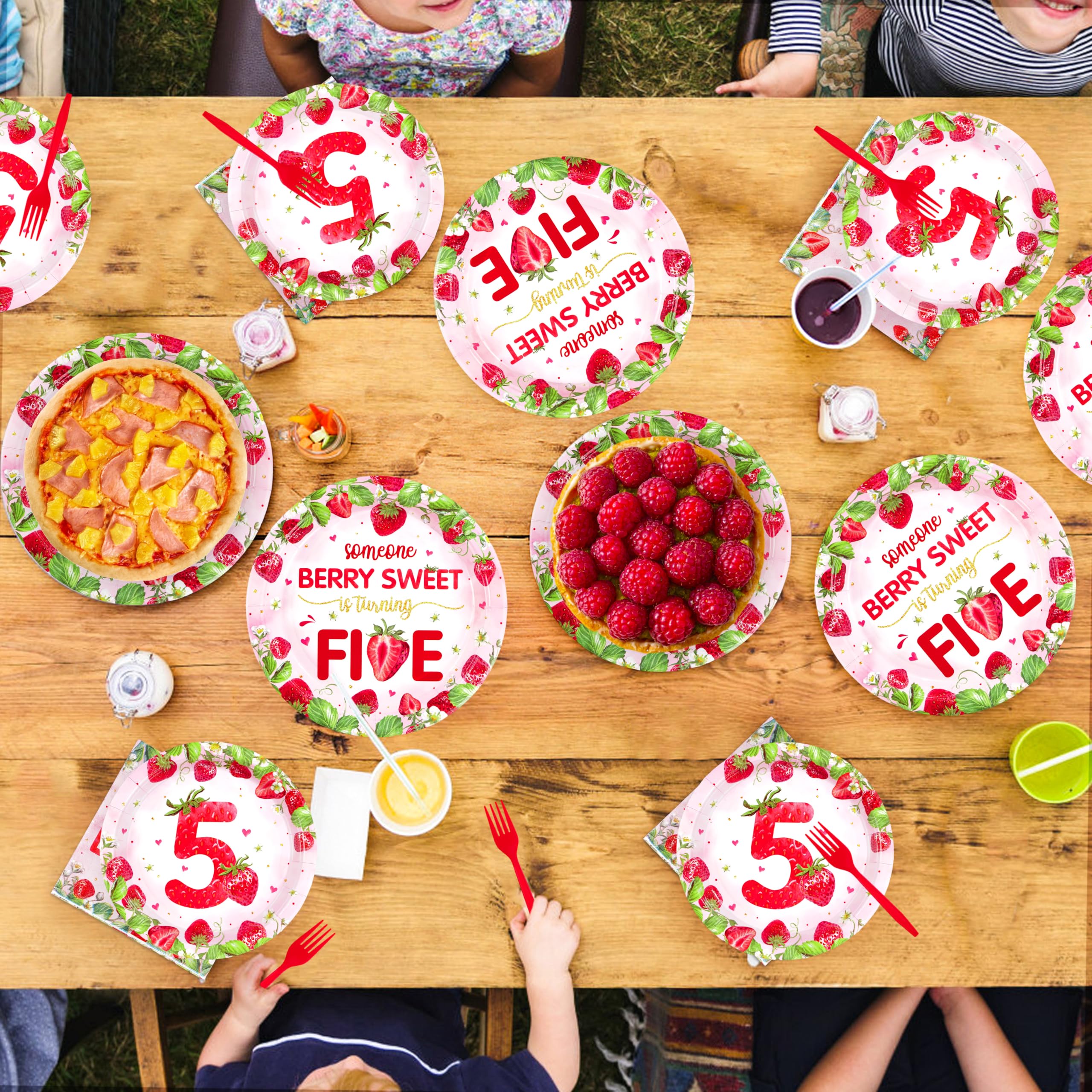 96 Pcs Strawberry 5th Birthday Party Plates and Napkins - Grencian