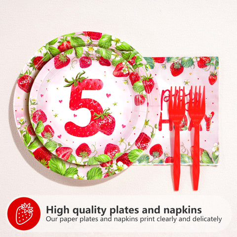 96 Pcs Strawberry 5th Birthday Party Plates and Napkins - Grencian