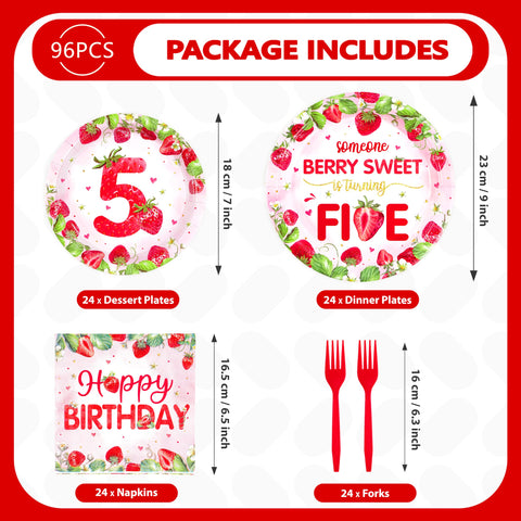 96 Pcs Strawberry 5th Birthday Party Plates and Napkins - Grencian