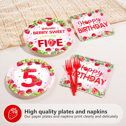 96 Pcs Strawberry 5th Birthday Party Plates and Napkins - Grencian