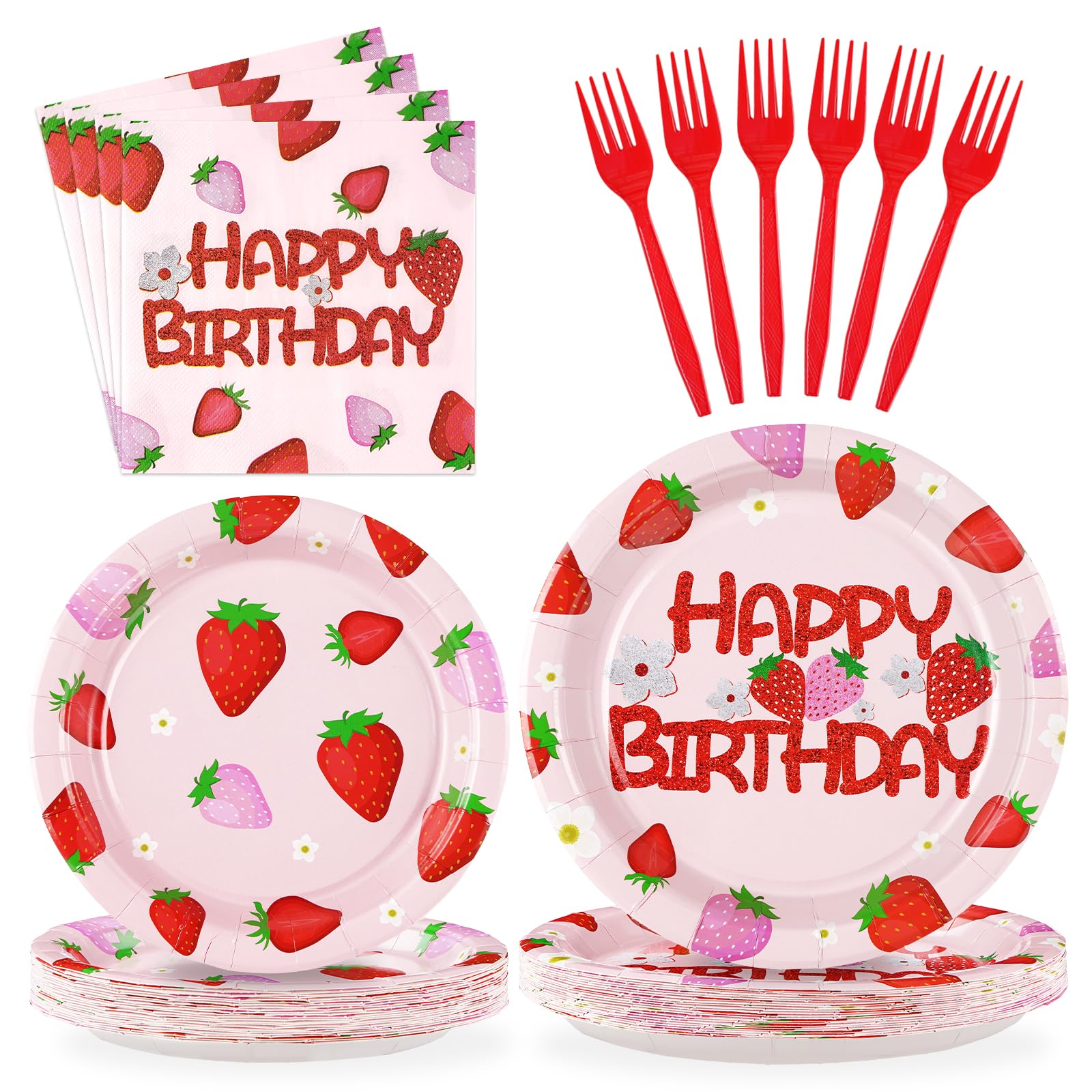 96 Pcs Strawberry Birthday Party Plates and Napkins - Grencian
