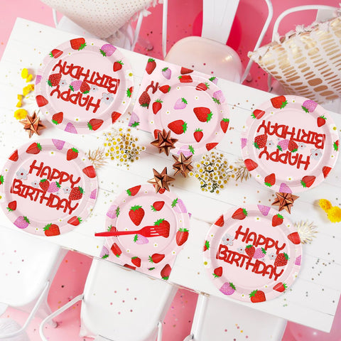 96 Pcs Strawberry Birthday Party Plates and Napkins - Grencian