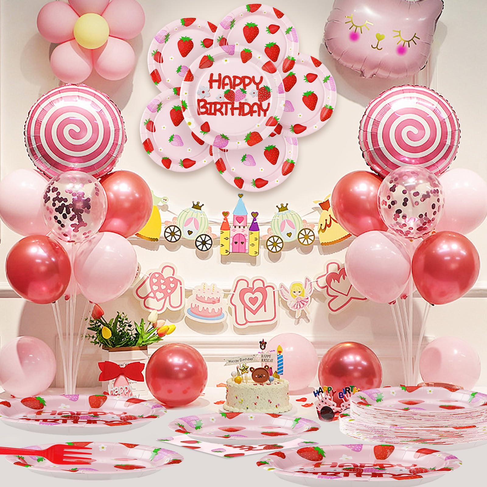 96 Pcs Strawberry Birthday Party Plates and Napkins - Grencian