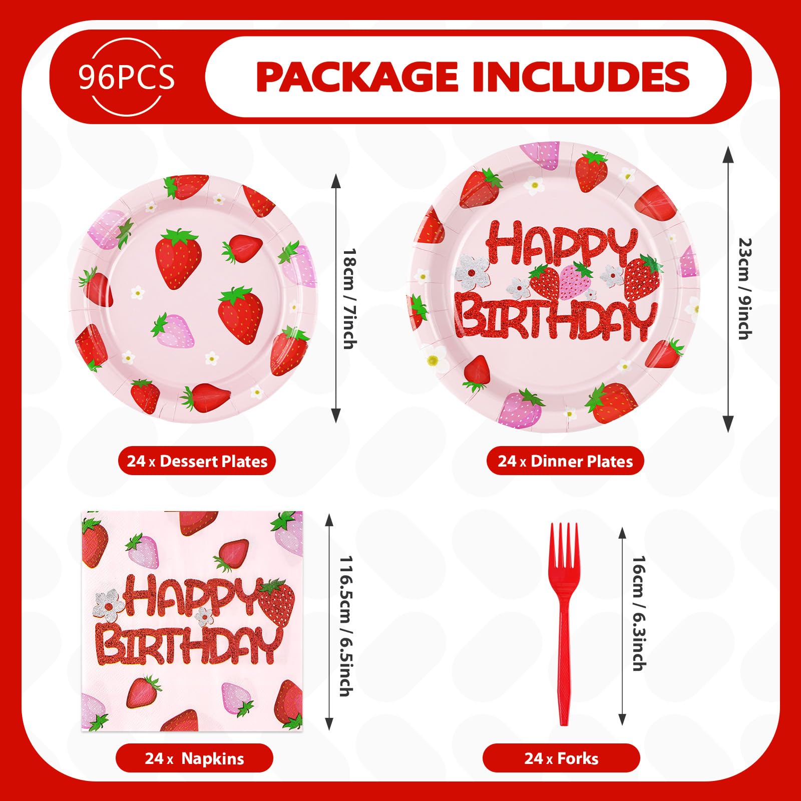 96 Pcs Strawberry Birthday Party Plates and Napkins - Grencian