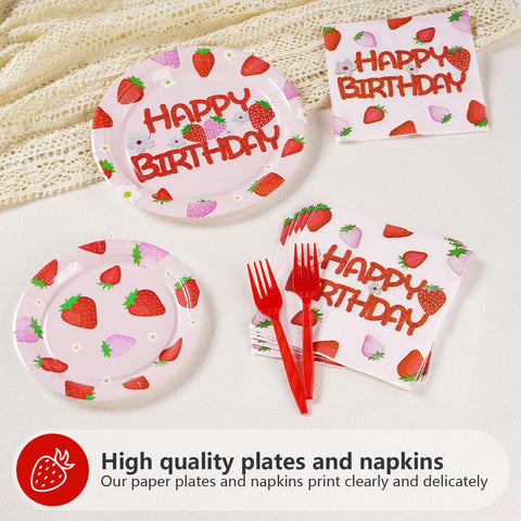 96 Pcs Strawberry Birthday Party Plates and Napkins - Grencian