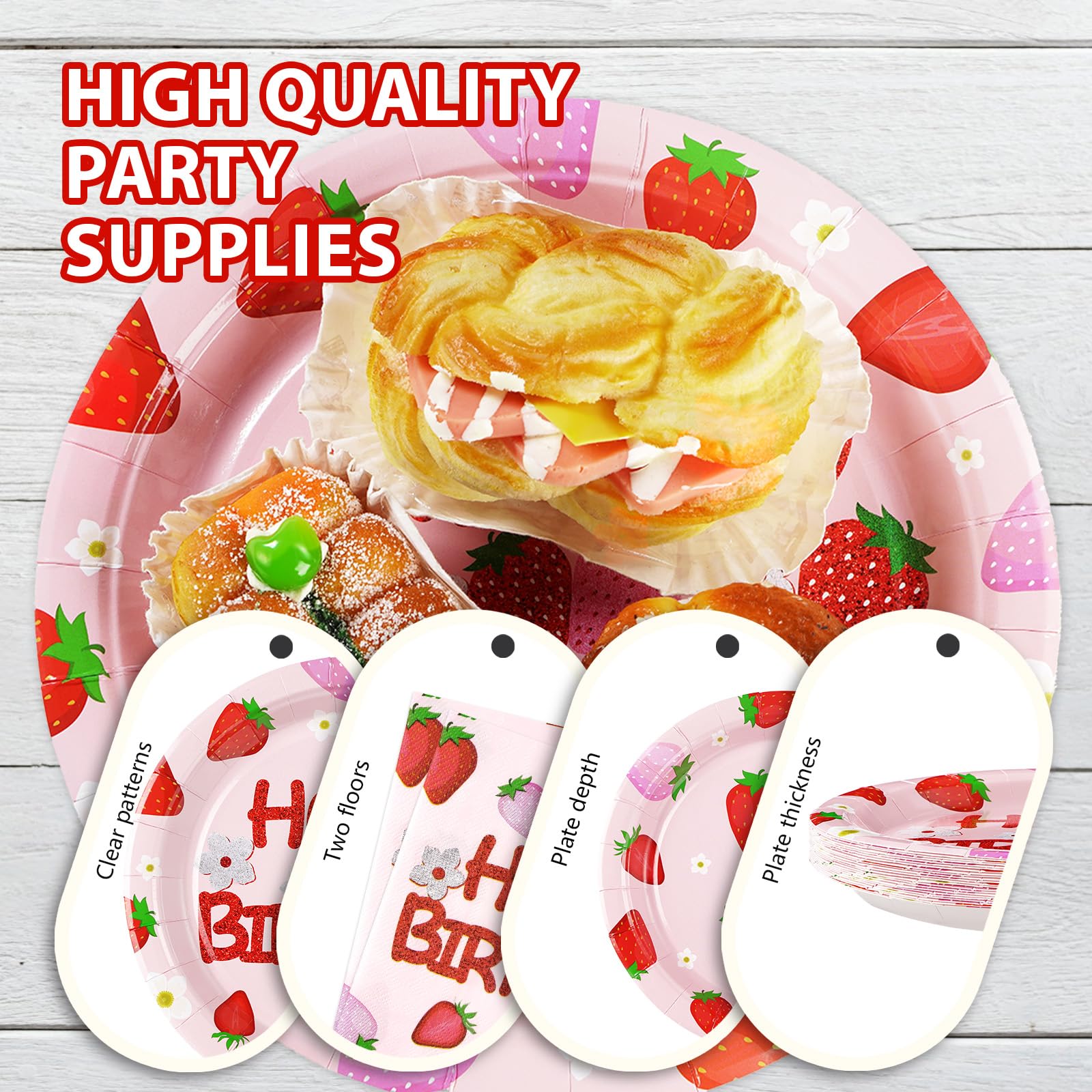 96 Pcs Strawberry Birthday Party Plates and Napkins - Grencian