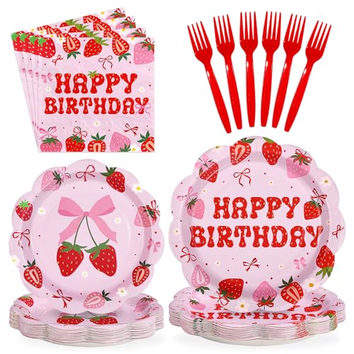 96 Pcs Strawberry Bows Birthday Party Plates and Napkins - Grencian