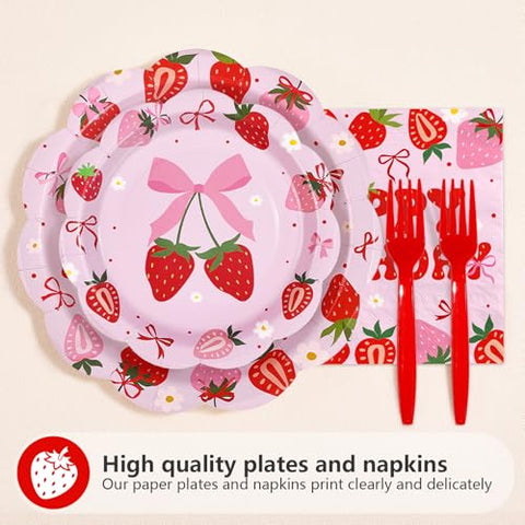 96 Pcs Strawberry Bows Birthday Party Plates and Napkins - Grencian