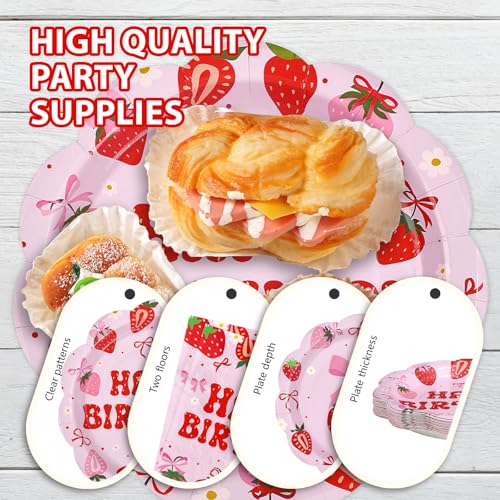 96 Pcs Strawberry Bows Birthday Party Plates and Napkins - Grencian