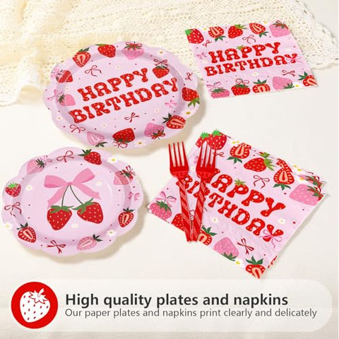 96 Pcs Strawberry Bows Birthday Party Plates and Napkins - Grencian