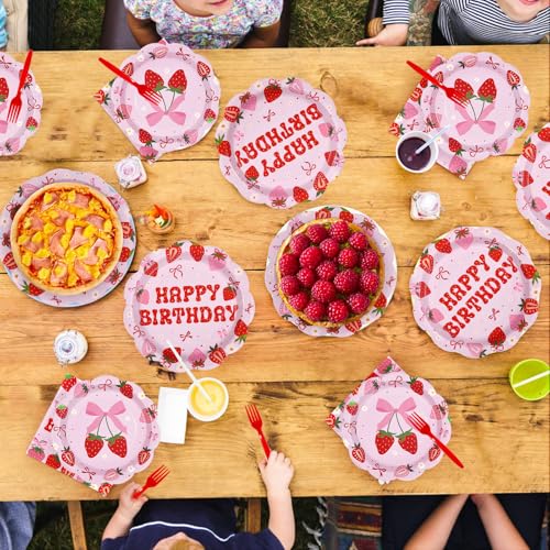 96 Pcs Strawberry Bows Birthday Party Plates and Napkins - Grencian