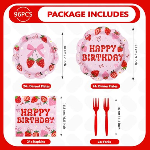 96 Pcs Strawberry Bows Birthday Party Plates and Napkins - Grencian