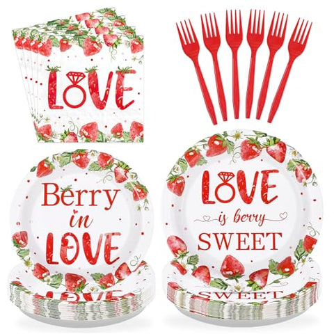 96 Pcs Strawberry Bridal Shower Party Plates and Napkins - Grencian
