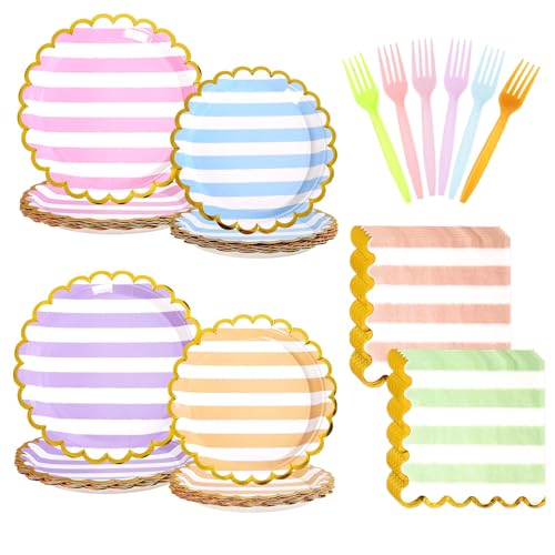 96 Pcs Striped Gold Foil Scalloped Party Plates and Napkins - Grencian