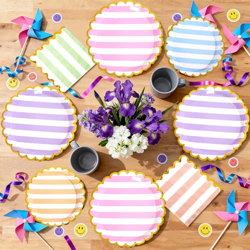 96 Pcs Striped Gold Foil Scalloped Party Plates and Napkins - Grencian