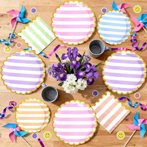 96 Pcs Striped Gold Foil Scalloped Party Plates and Napkins - Grencian