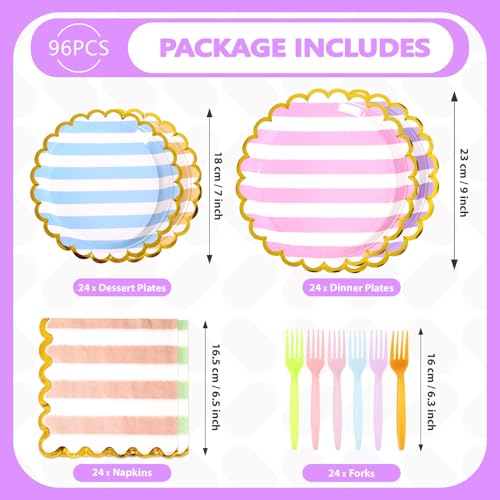 96 Pcs Striped Gold Foil Scalloped Party Plates and Napkins - Grencian