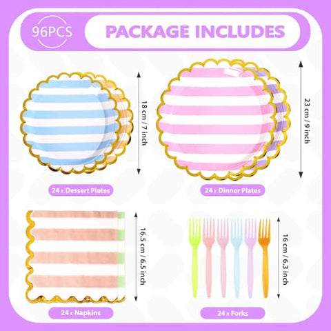 96 Pcs Striped Gold Foil Scalloped Party Plates and Napkins - Grencian