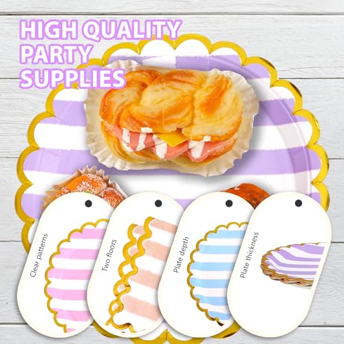 96 Pcs Striped Gold Foil Scalloped Party Plates and Napkins - Grencian