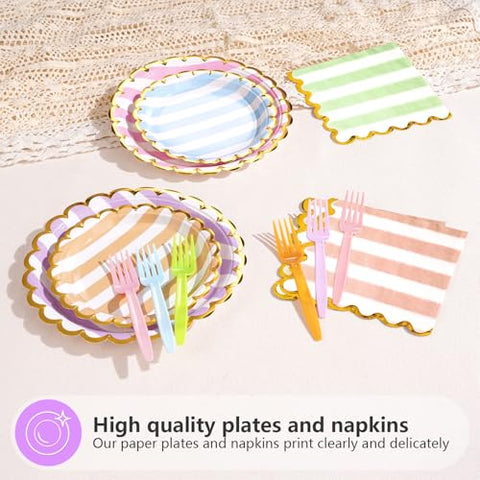 96 Pcs Striped Gold Foil Scalloped Party Plates and Napkins - Grencian