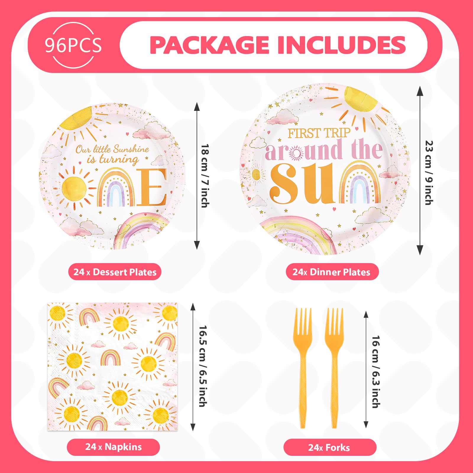 96 Pcs Sun 1st Birthday Party Plates and Napkins