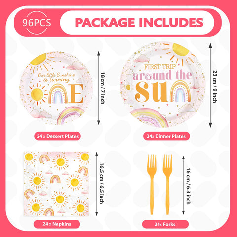 96 Pcs Sun 1st Birthday Party Plates and Napkins