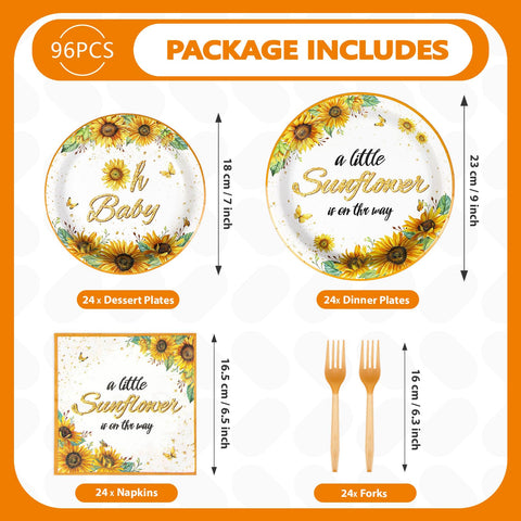 96 Pcs Sunflower Baby Shower Party Plates and Napkins - Grencian