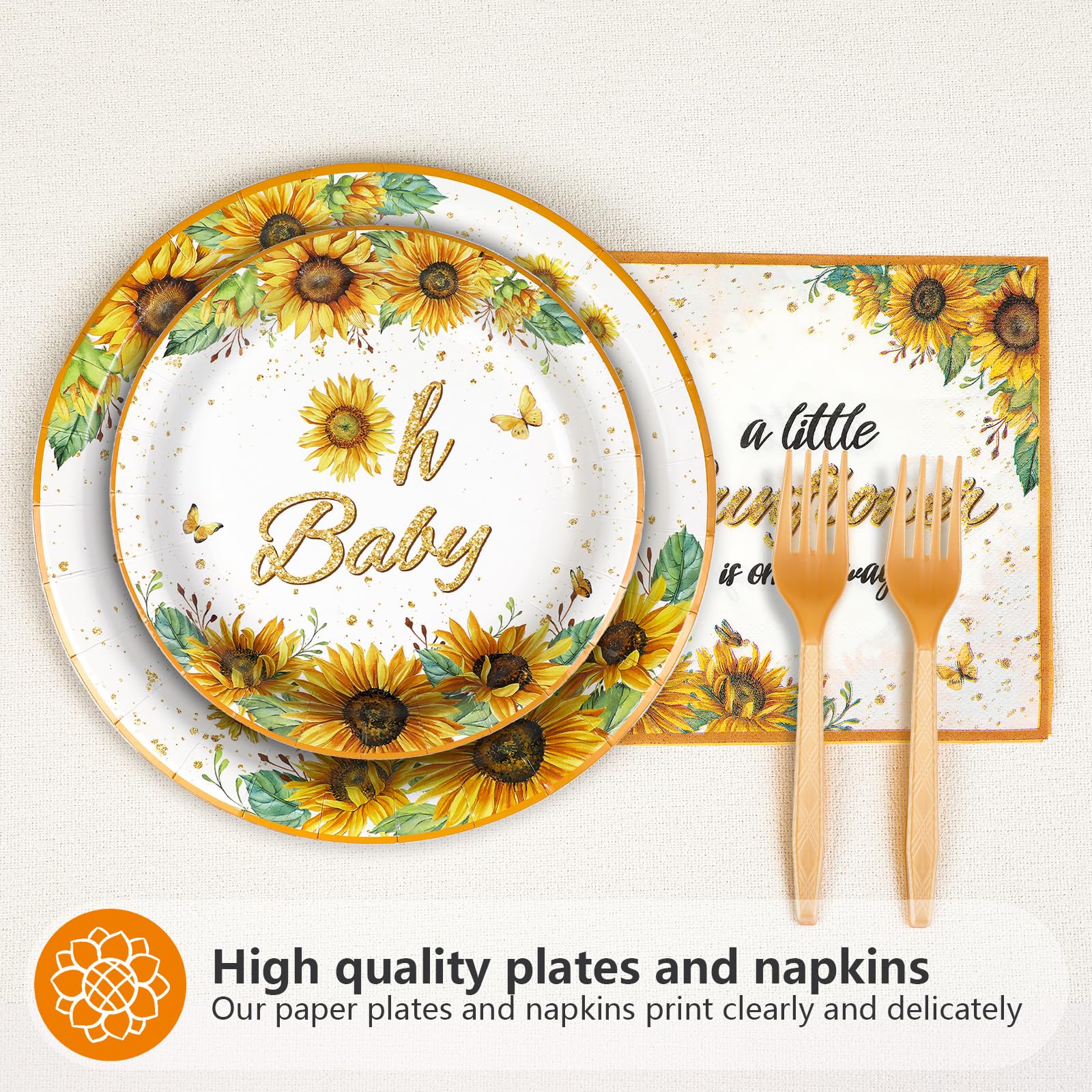 96 Pcs Sunflower Baby Shower Party Plates and Napkins - Grencian