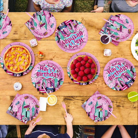 96 Pcs Super Girl Hero Birthday Party Plates and Napkins - Grencian