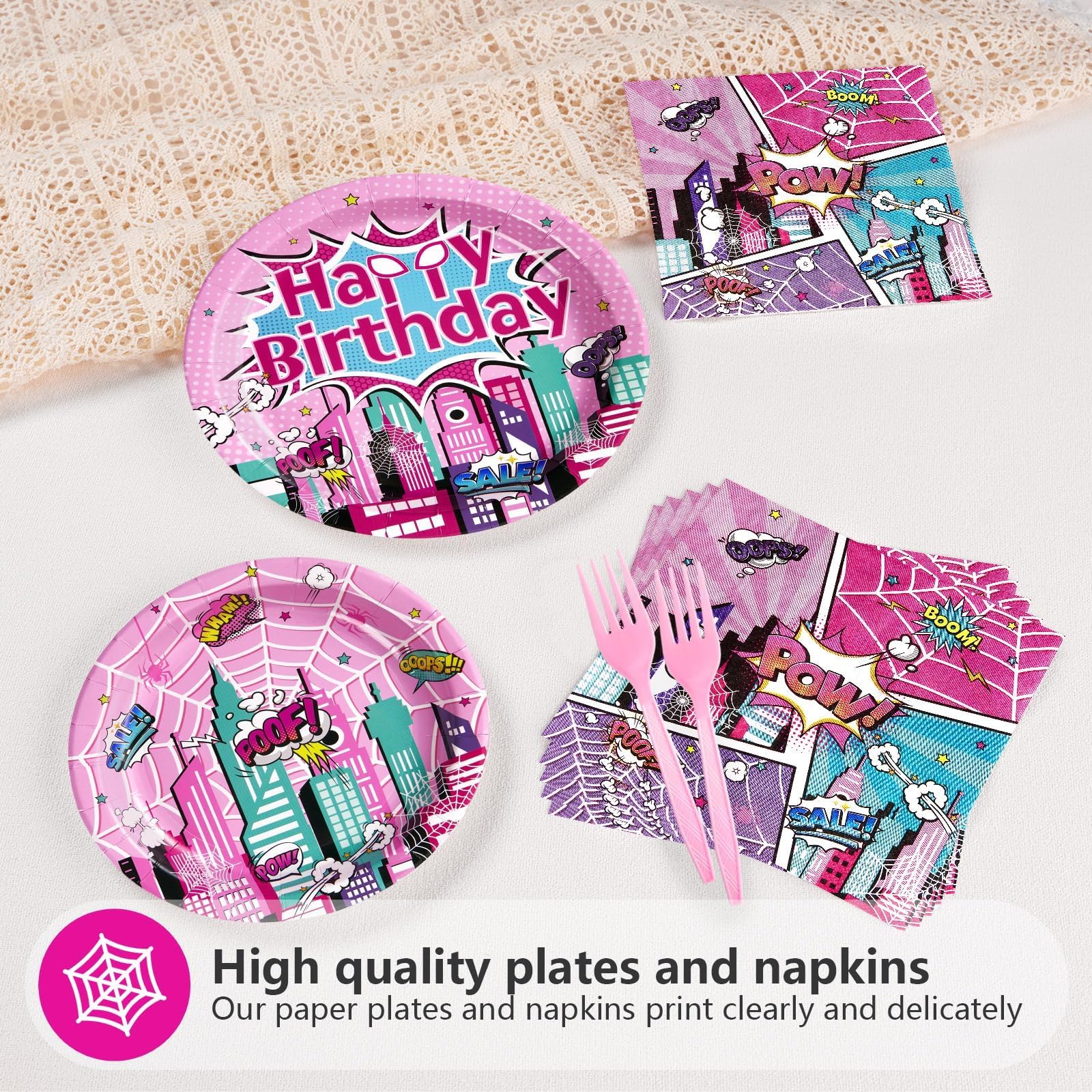 96 Pcs Super Girl Hero Birthday Party Plates and Napkins - Grencian