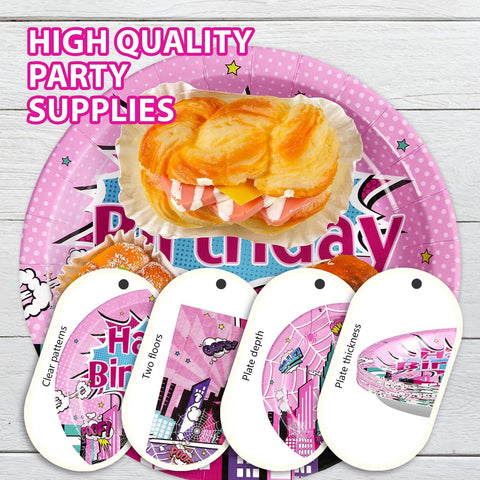 96 Pcs Super Girl Hero Birthday Party Plates and Napkins - Grencian