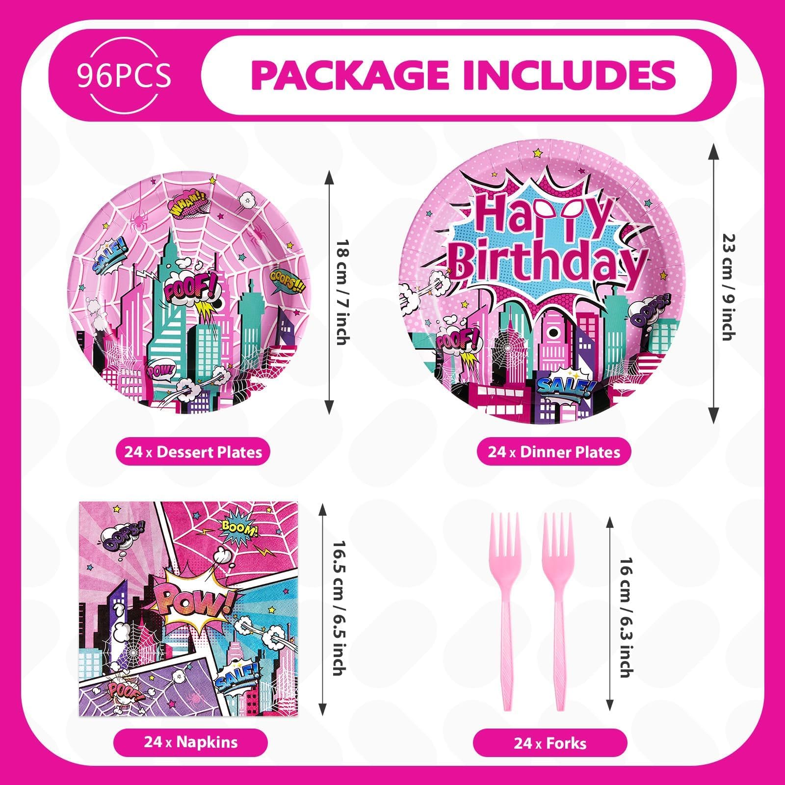 96 Pcs Super Girl Hero Birthday Party Plates and Napkins - Grencian