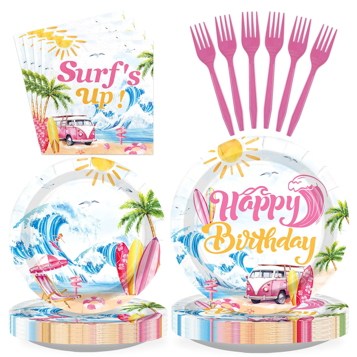 96 Pcs Surfing Birthday Party Plates and Napkins - Grencian