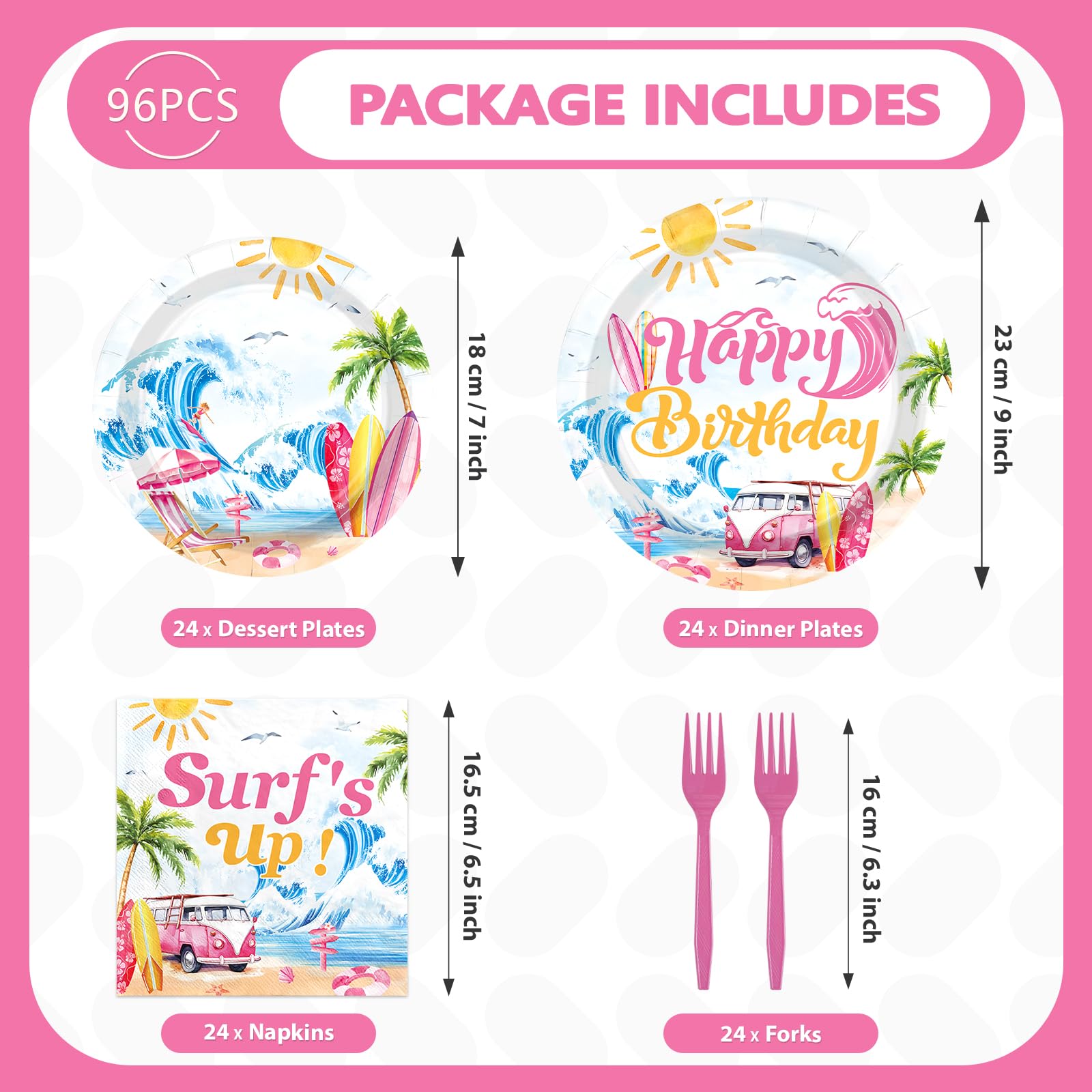 96 Pcs Surfing Birthday Party Plates and Napkins - Grencian
