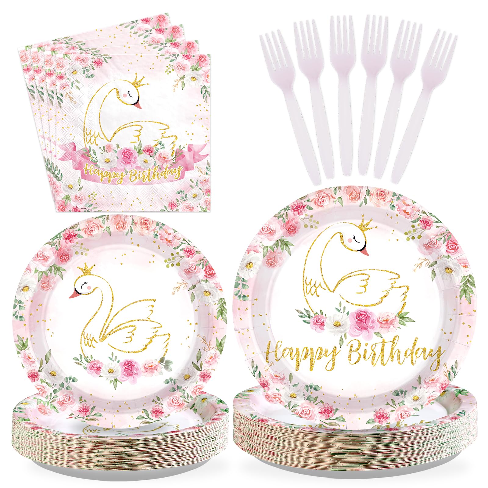 96 Pcs Swan Birthday Party Plates and Napkins - Grencian