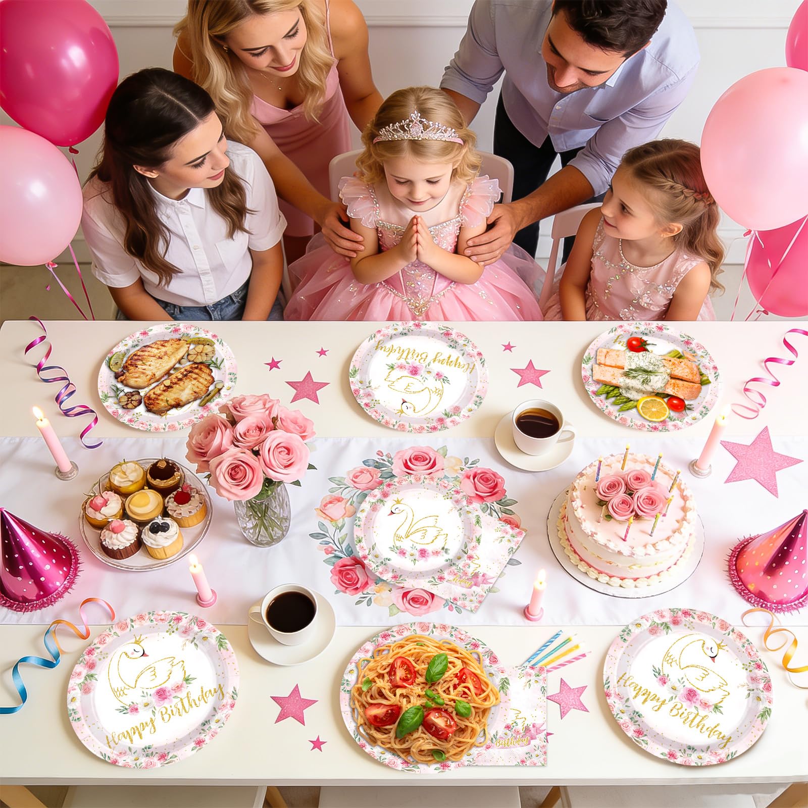 96 Pcs Swan Birthday Party Plates and Napkins - Grencian