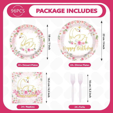 96 Pcs Swan Birthday Party Plates and Napkins - Grencian