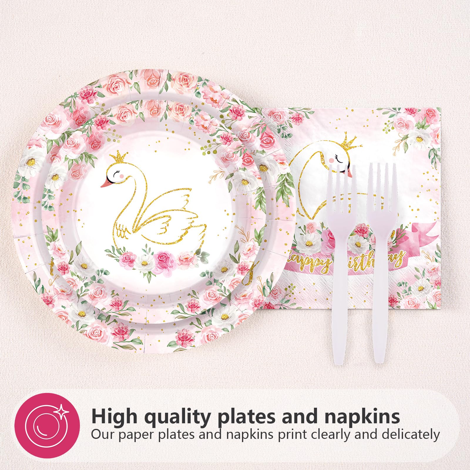96 Pcs Swan Birthday Party Plates and Napkins - Grencian