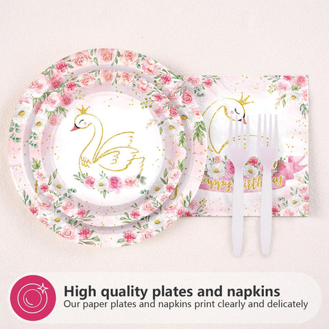 96 Pcs Swan Birthday Party Plates and Napkins - Grencian