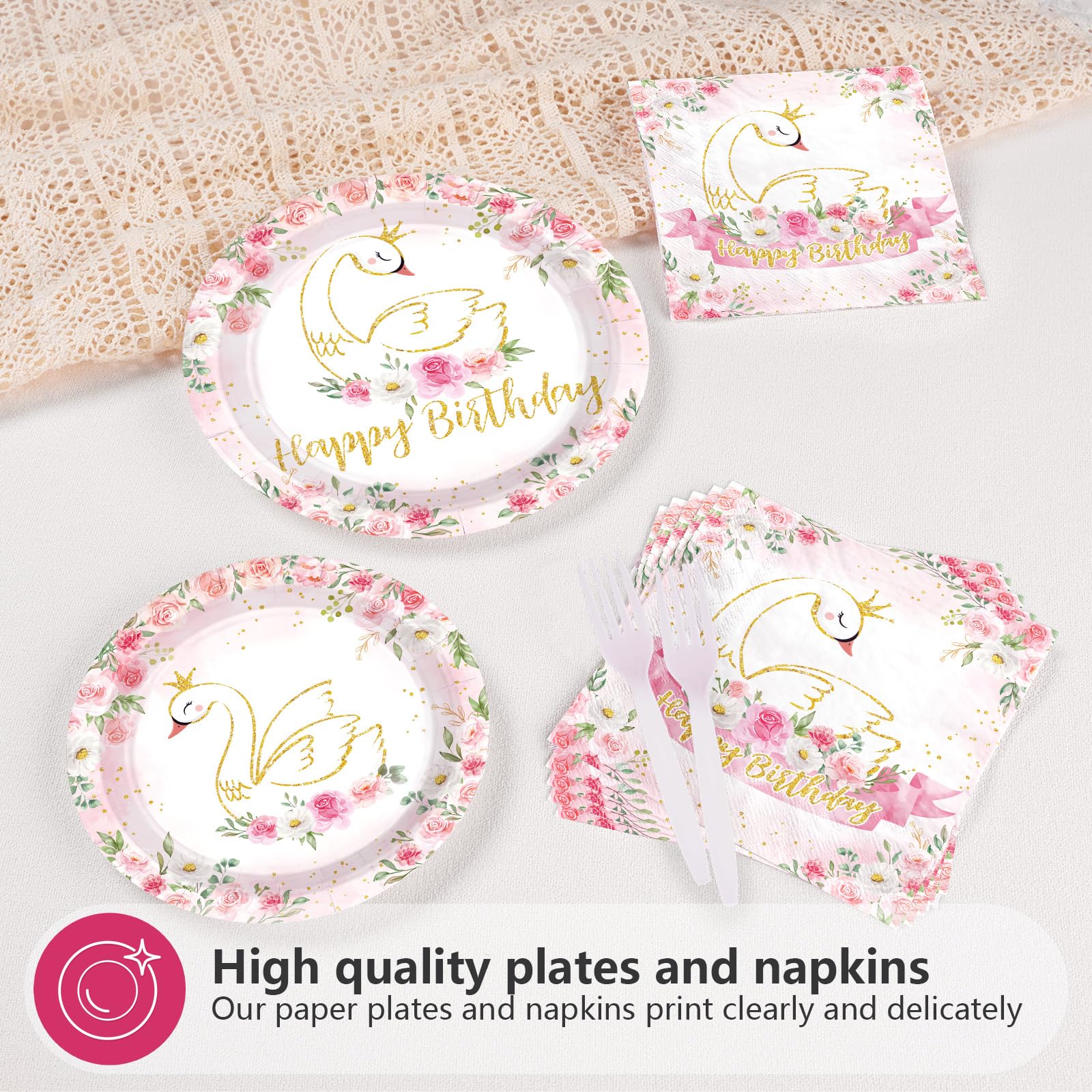 96 Pcs Swan Birthday Party Plates and Napkins - Grencian