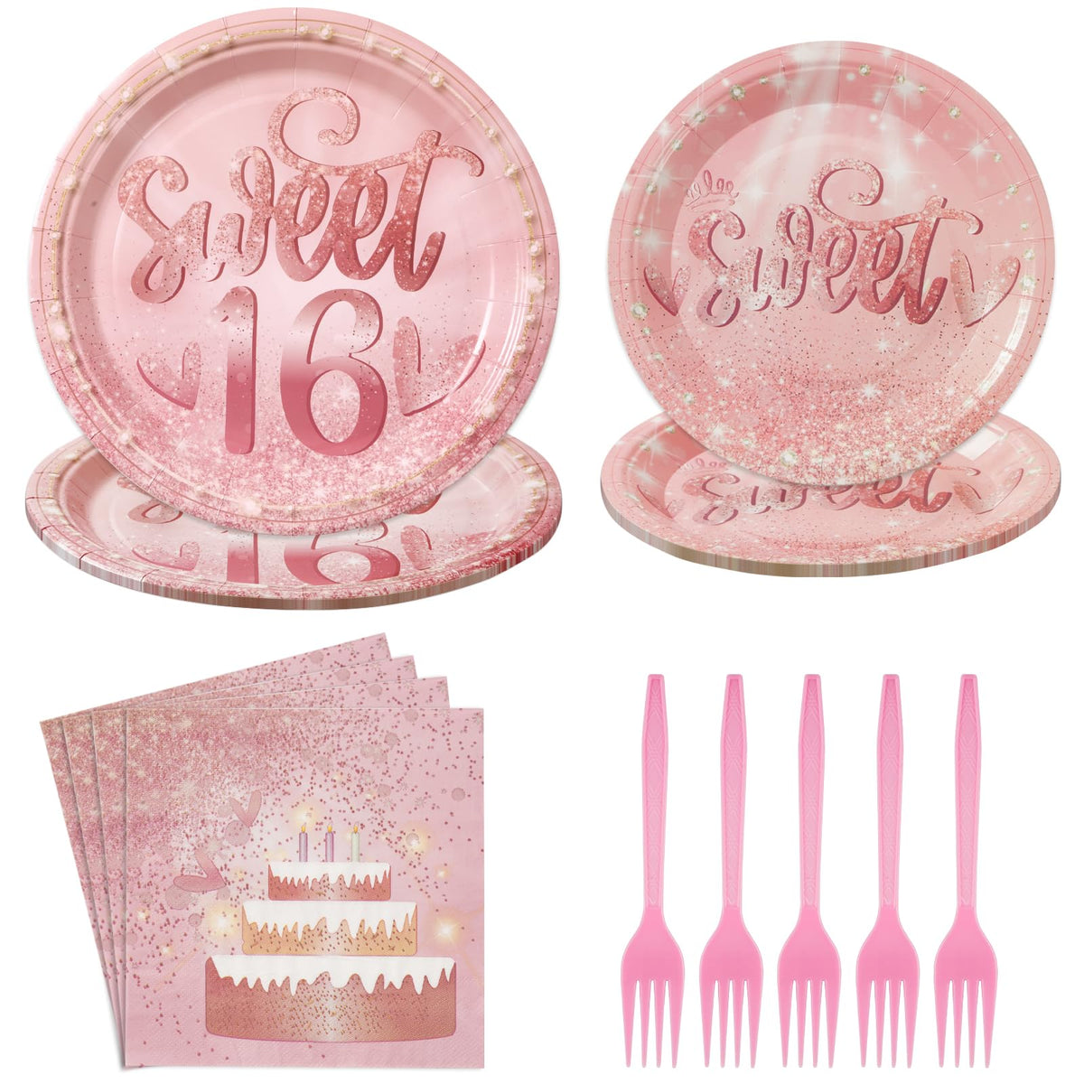 96 Pcs Sweet 16 Party Plates and Napkins - Grencian