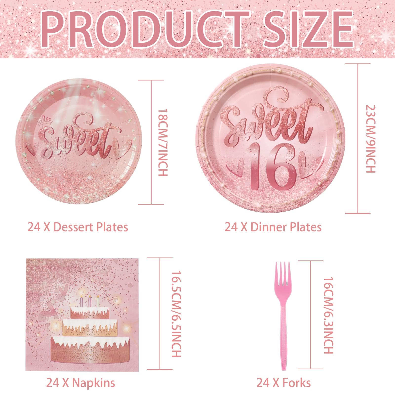 96 Pcs Sweet 16 Party Plates and Napkins - Grencian